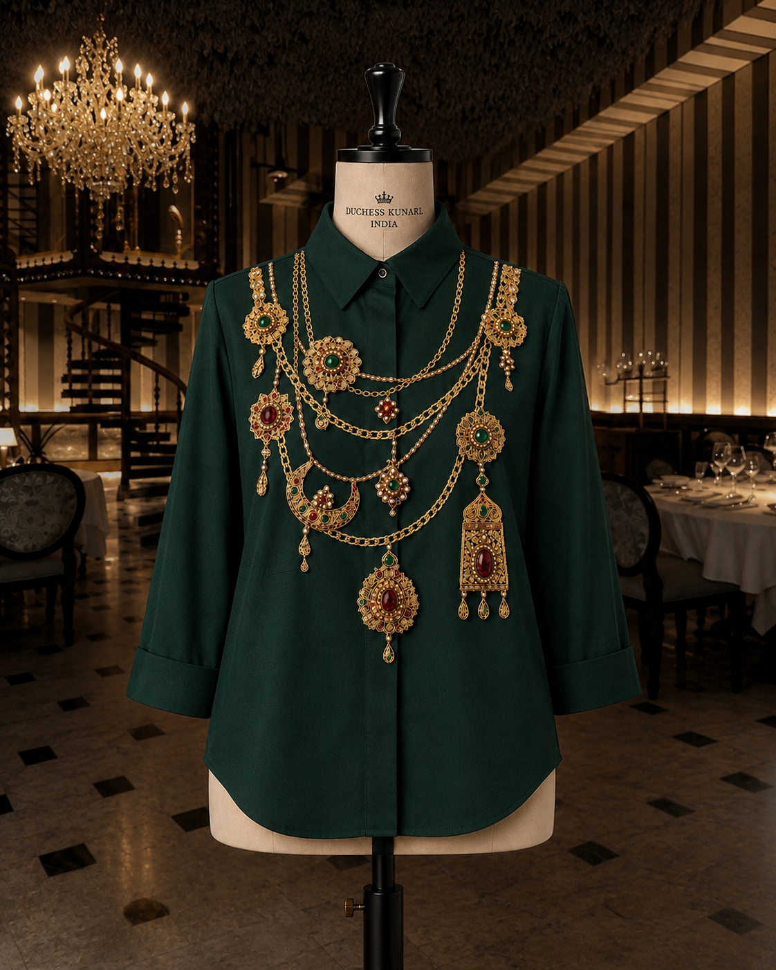 The Maharani Jewel Shirt With Collar  (Bottle Green)