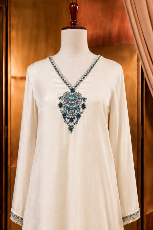 Ivory White with Powder Blue Embroidery