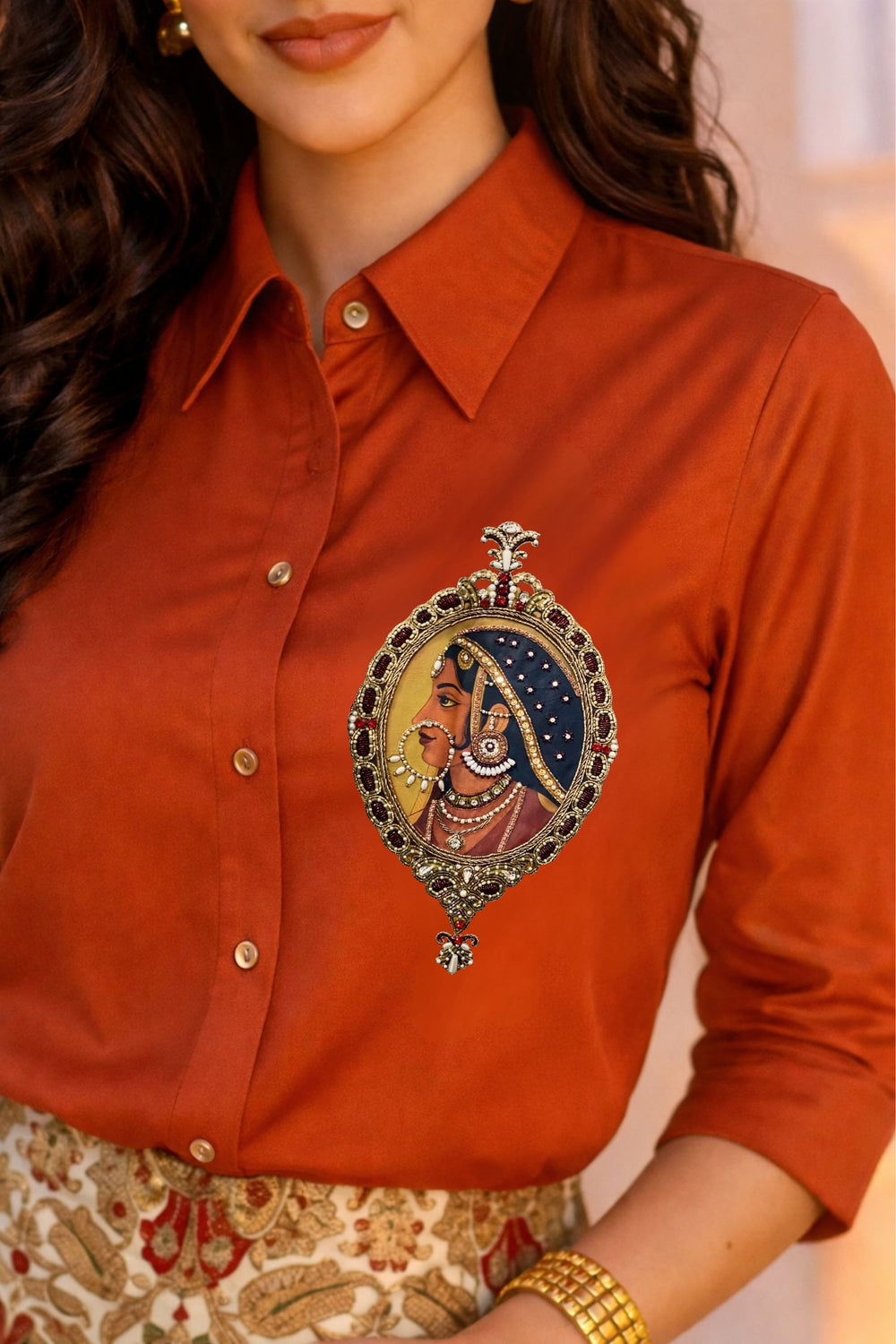 Rust Orange Padmini Shirt With Regal Kinkhab Brocade Mid-Length Skirt