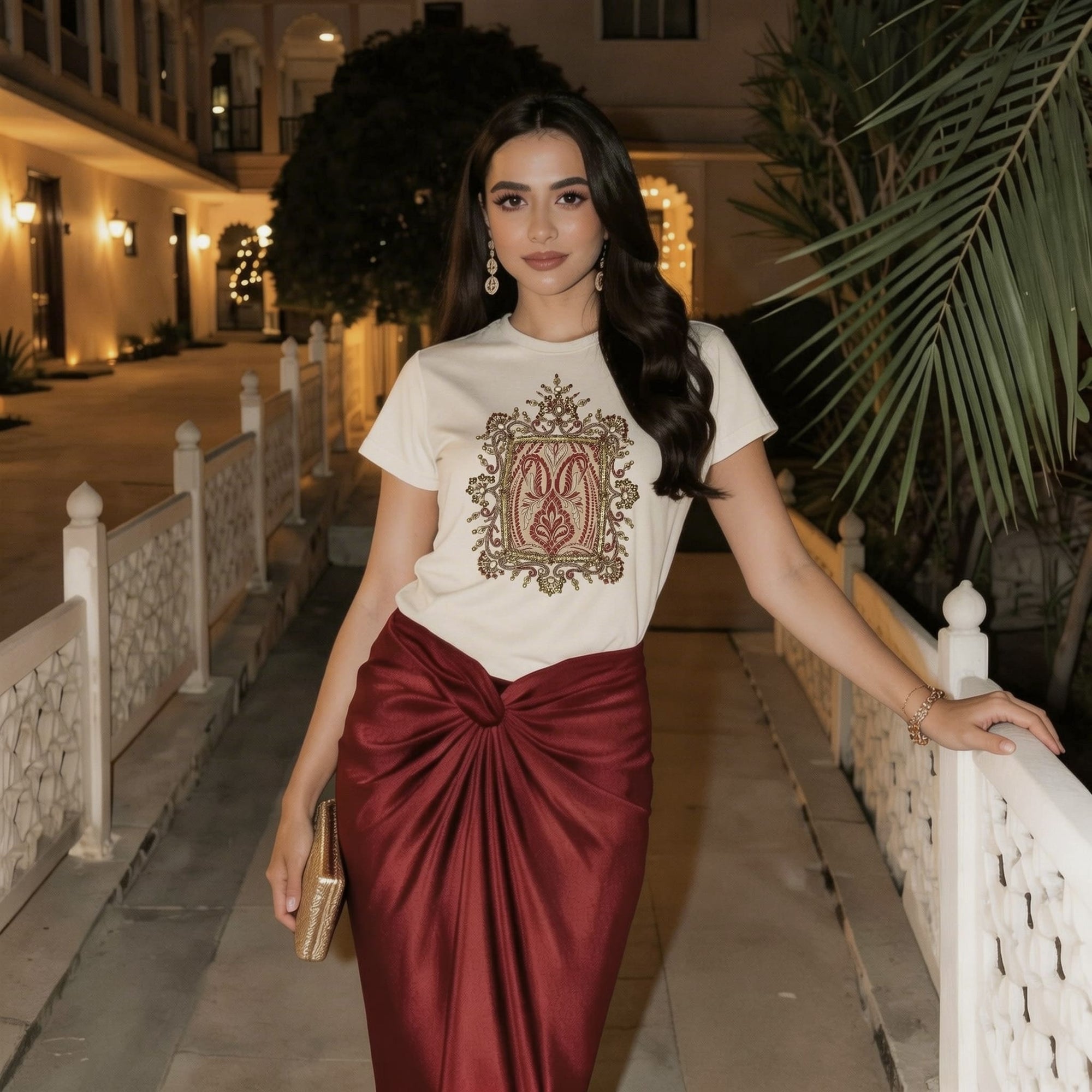 Ivory Mehrnaz T-shirt + Red Drape Skirt Set