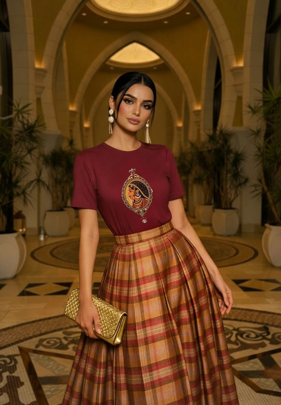 Maroon Embroidered Padmini Designer T-Shirt + Mehrab Taffeta Skirt