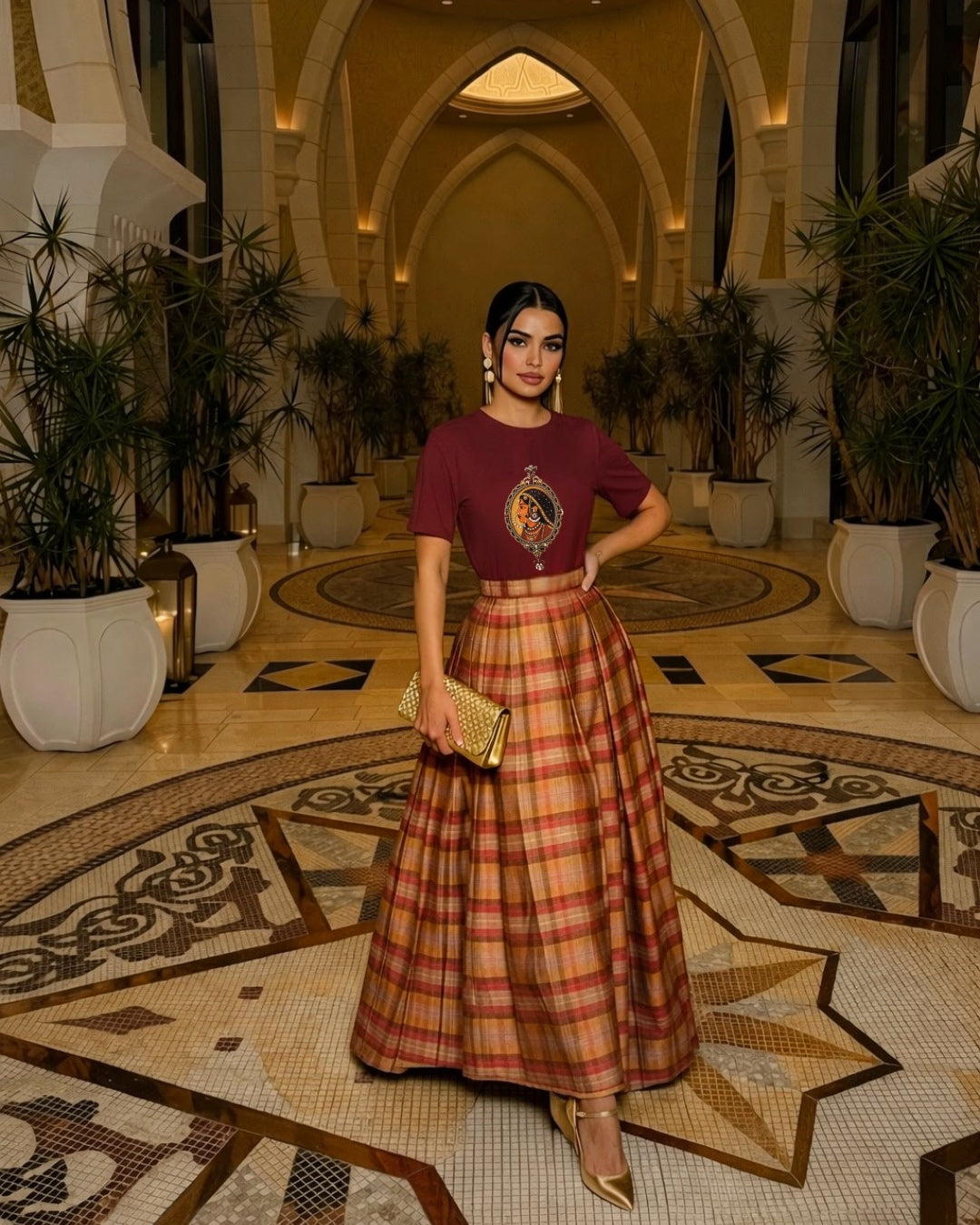 Maroon Embroidered Padmini T-Shirt + Mehrab Taffeta Skirt Set
