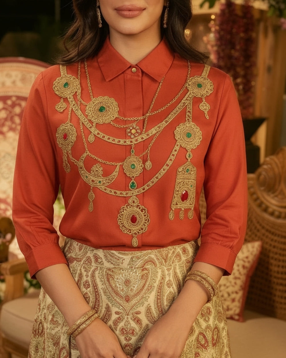 The Maharani Jewel Shirt With Collar  (Blood Orange)
