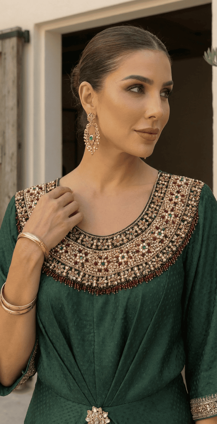 Noor Kundan Kaftan ( Emerald Green )