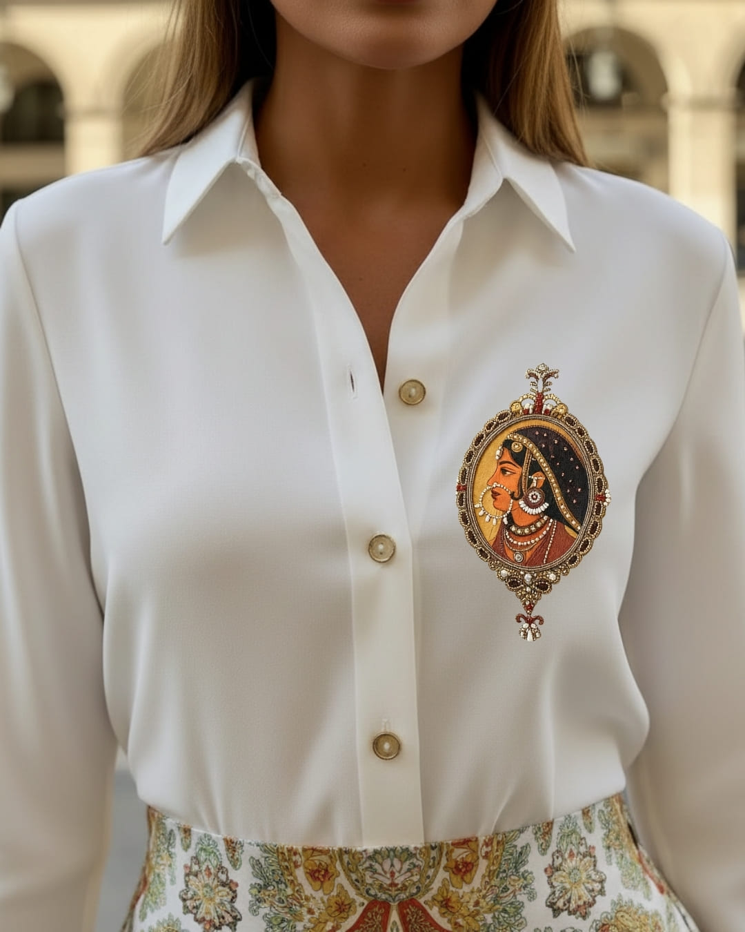 White Padmini Shirt With Regal Paisley Brocade Skirt