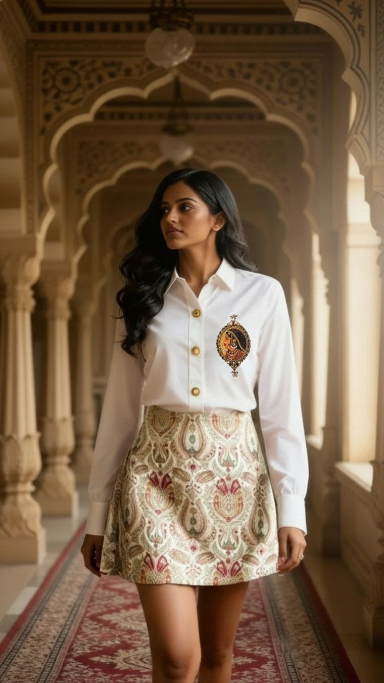White Padmini Shirt With Regal Paisley Brocade Skirt