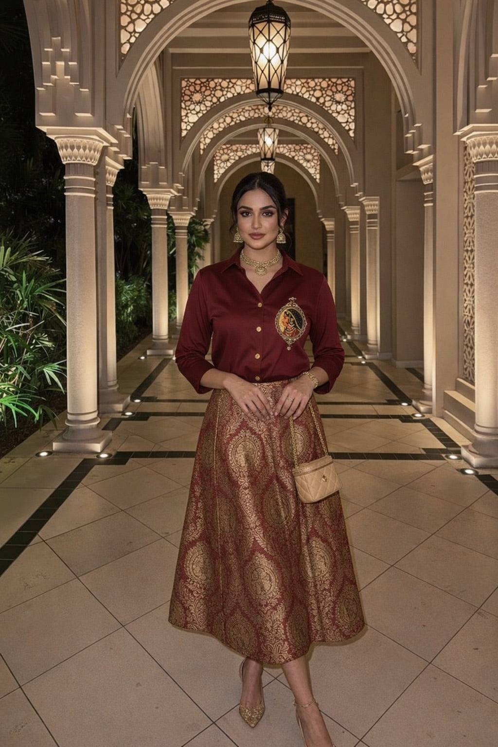Maroon Padmini Shirt With Red Brocade Royal Kinkhab Skirt