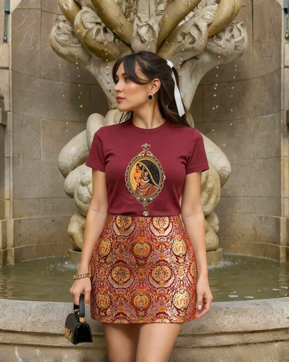 Maroon Padmini T-Shirt  With Rajkumari Brocade Skirt - Second Image