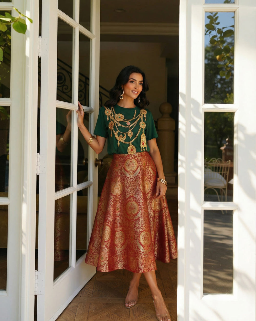 DK Jewel Embroidered Bottle Green Set