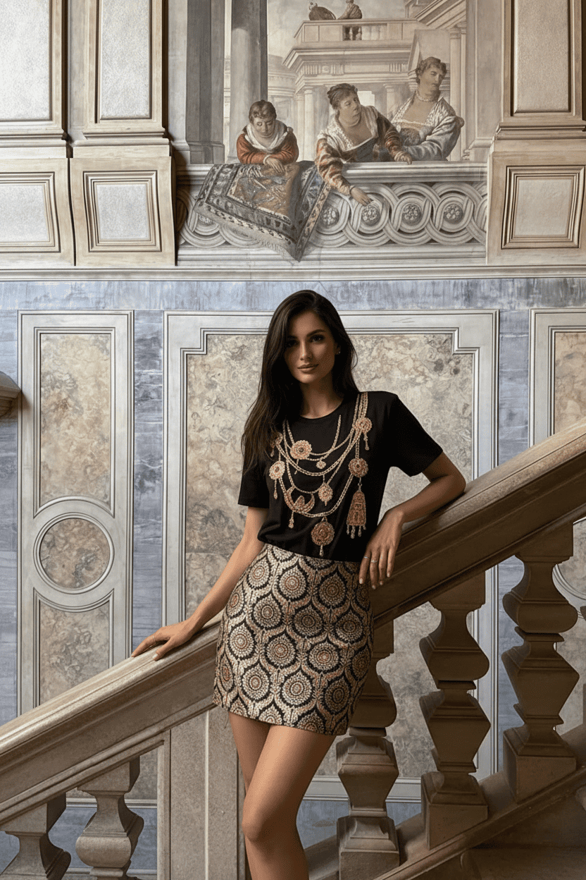 DK Jewel Embroidered T-Shirt With Baroque Brocade Mini Skirt Set