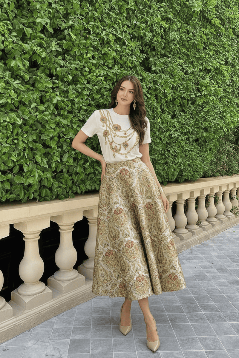 DK Jewel Embroidered T-Shirt With Inayat Brocade Skirt