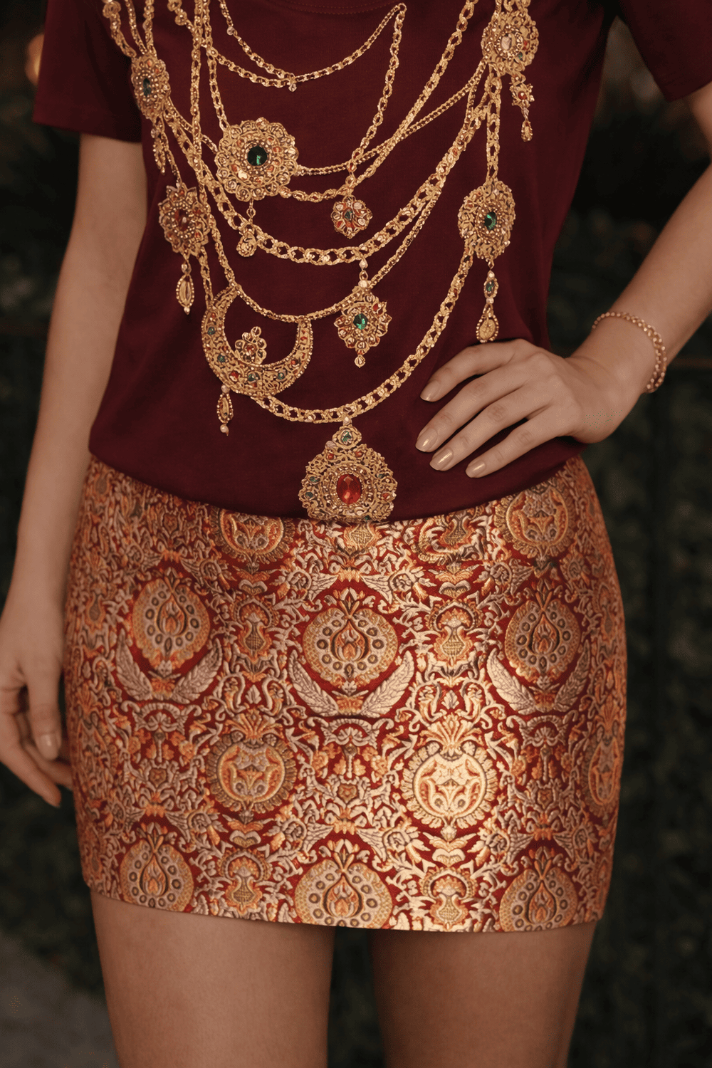 DK Jewel Embroidered T-shirt (Maroon) With Rajkumari Brocade Skirt - Second Image