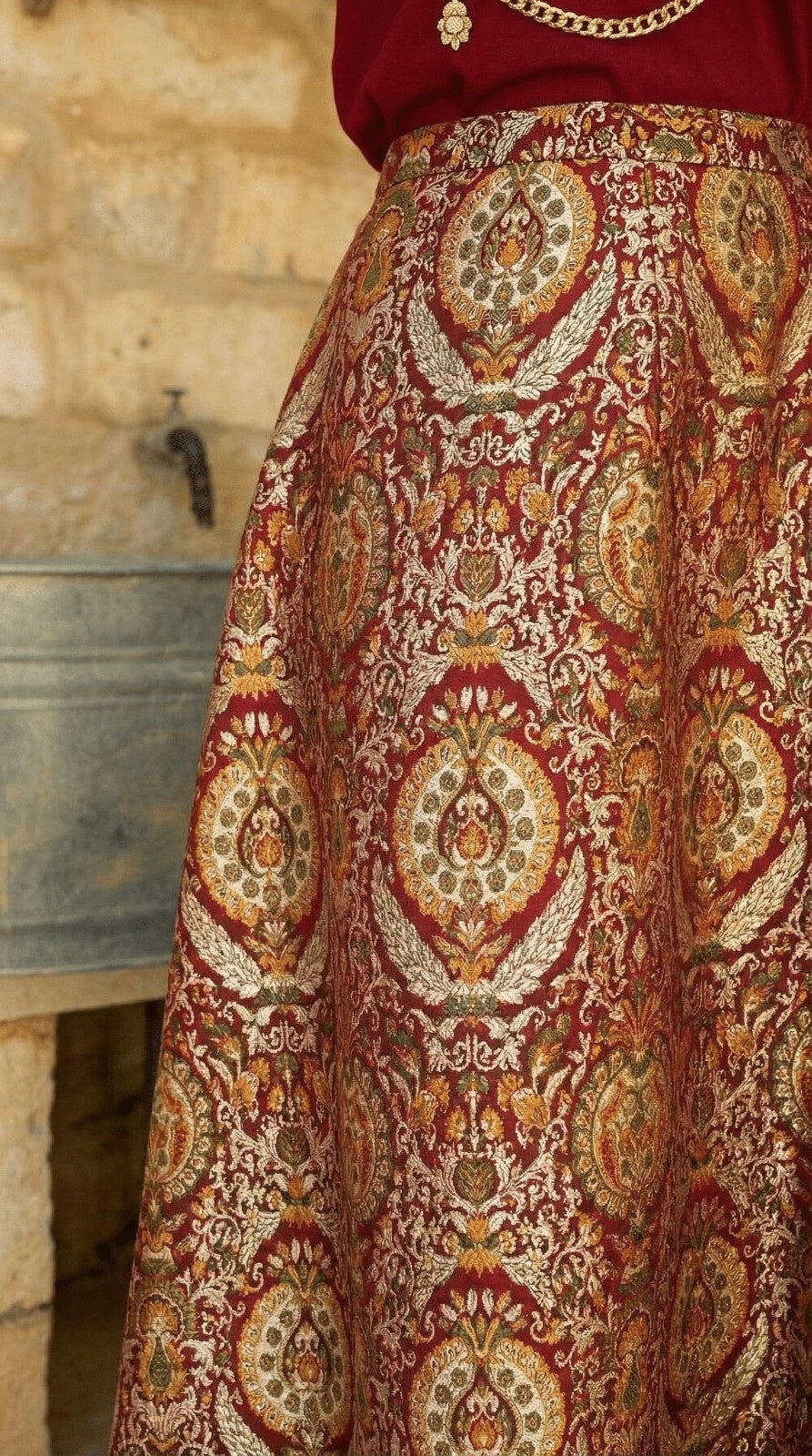Red Rajkumari Brocade Royal Kinkhab Flared Full-Length Skirt