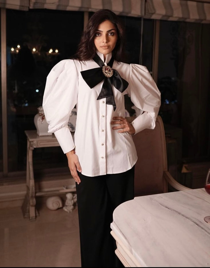White Victorian Shirt With  Black Bow