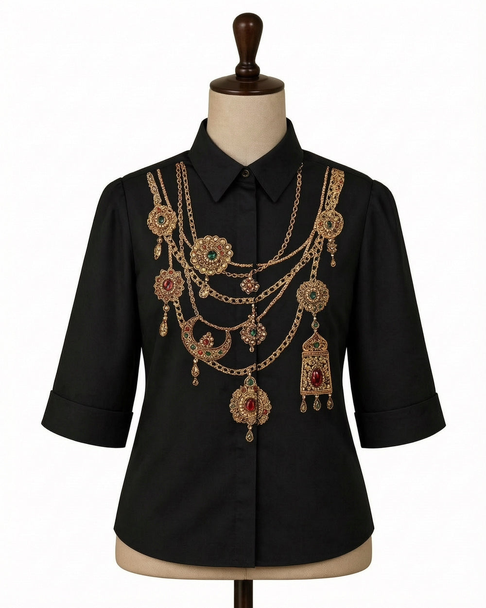 Black Maharani Jewel Collar Shirt With Brocade Skirt Set - Second Image