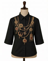 Black Maharani Jewel Collar Shirt With Brocade Skirt Set