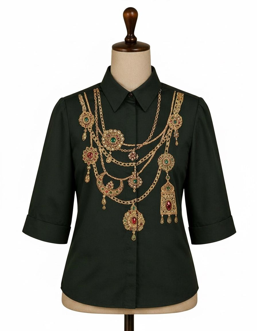 The Maharani Jewel Shirt With Collar  (Bottle Green)