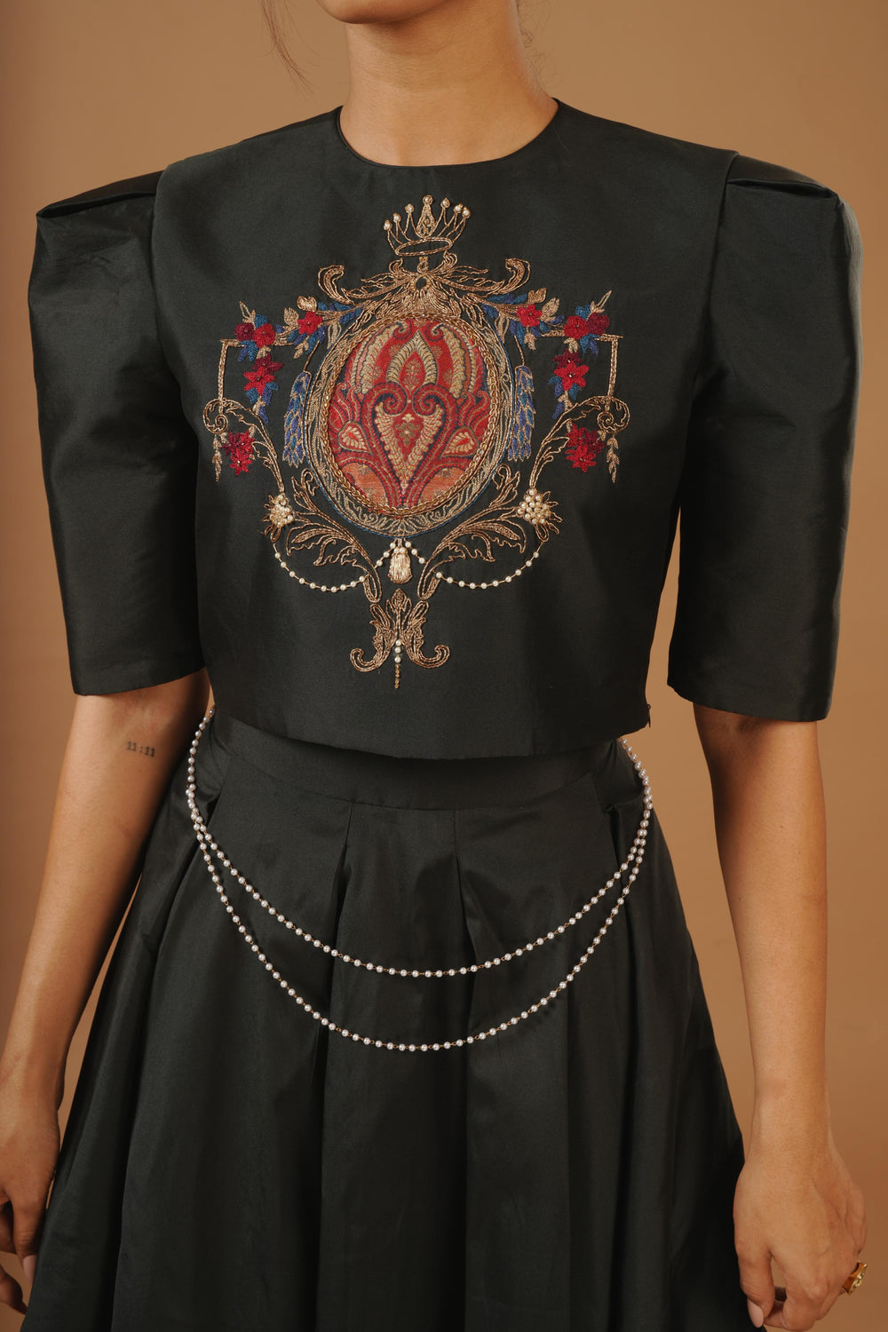 Black Emblem Embroidered Top