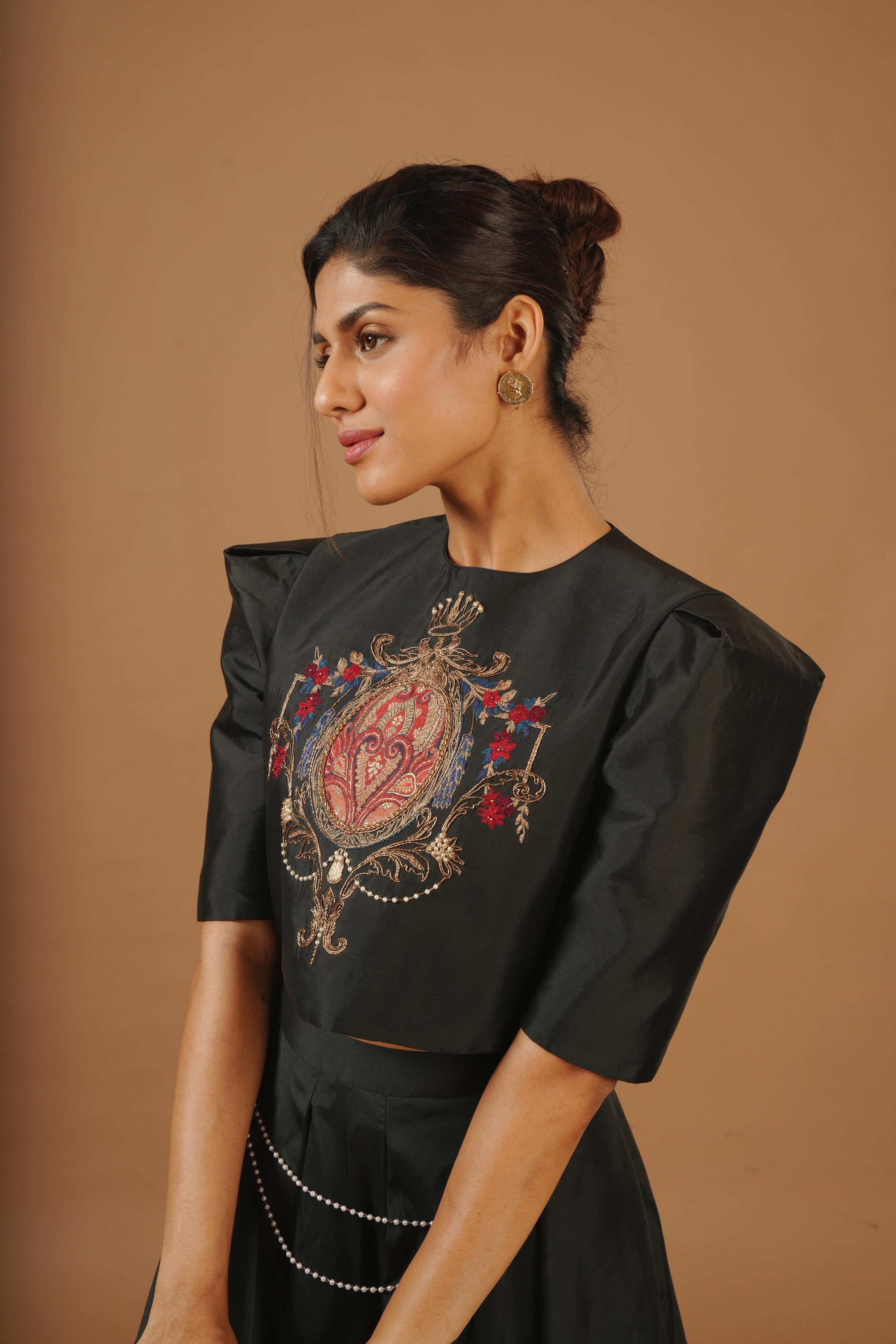 Black Emblem Embroidered Top