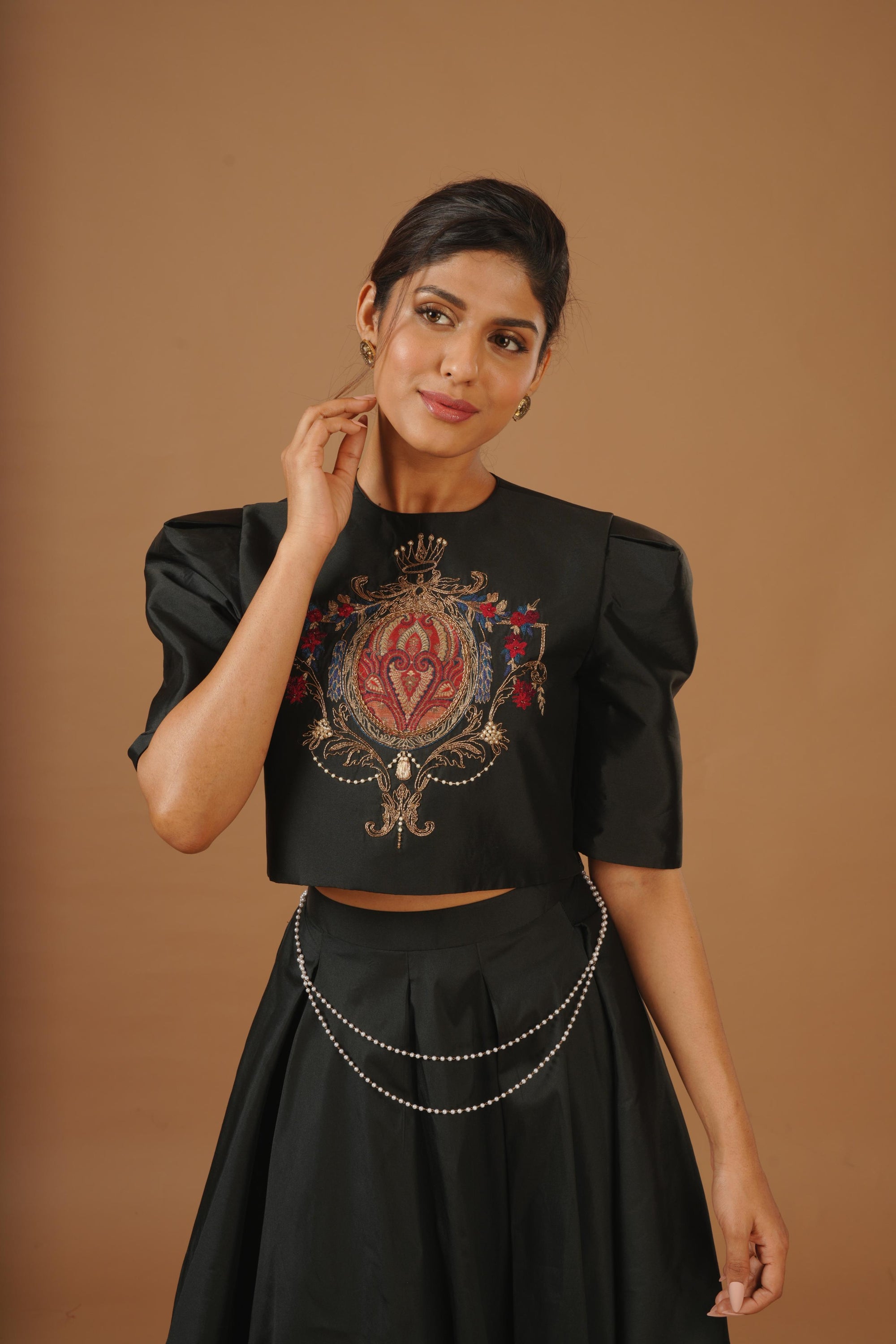 Black Emblem Embroidered Top