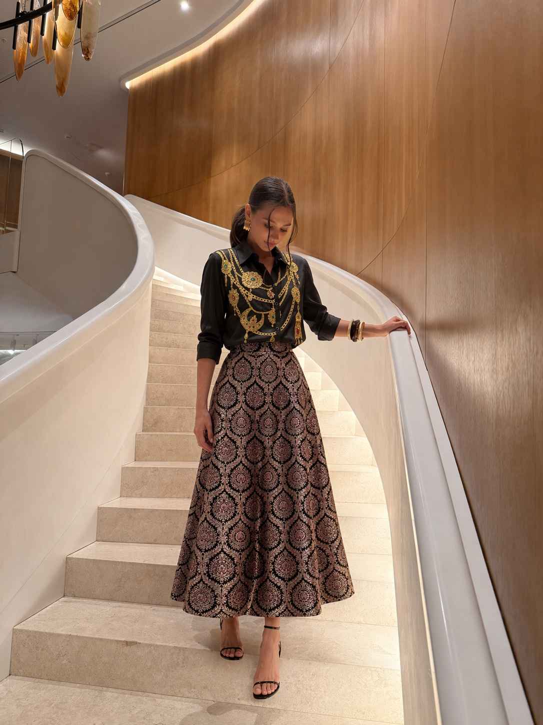 Black Baroque Flared Full-length Brocade Skirt