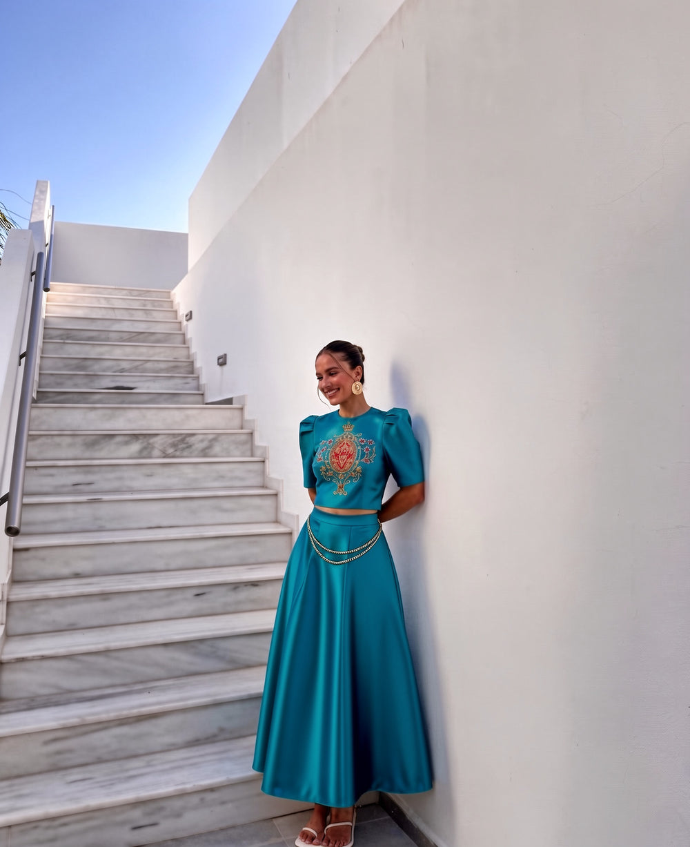 Teal Blue Taffeta Emblem Skirt Top Co-ord Set