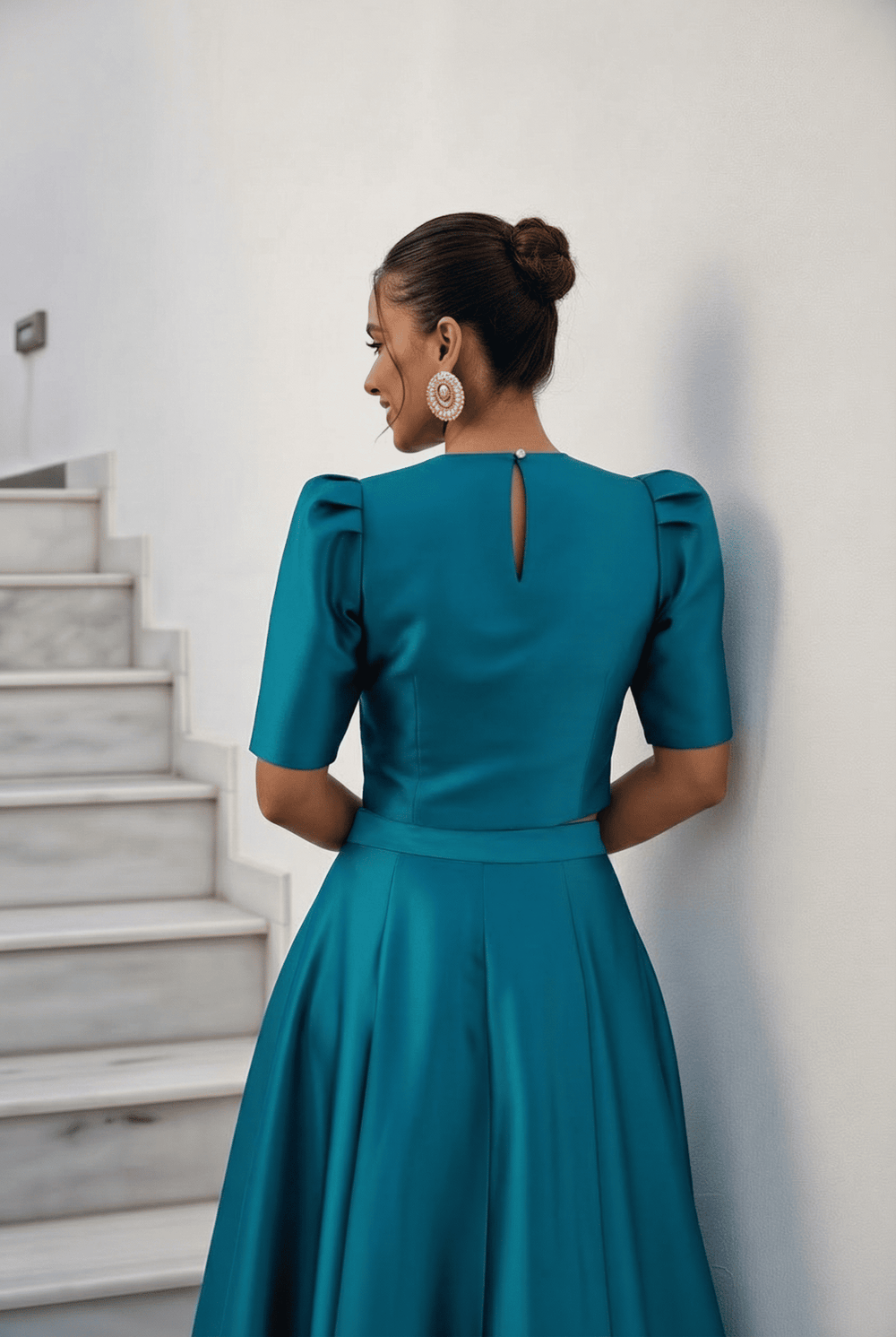 Teal Blue Taffeta Emblem Skirt Top Co-ord Set