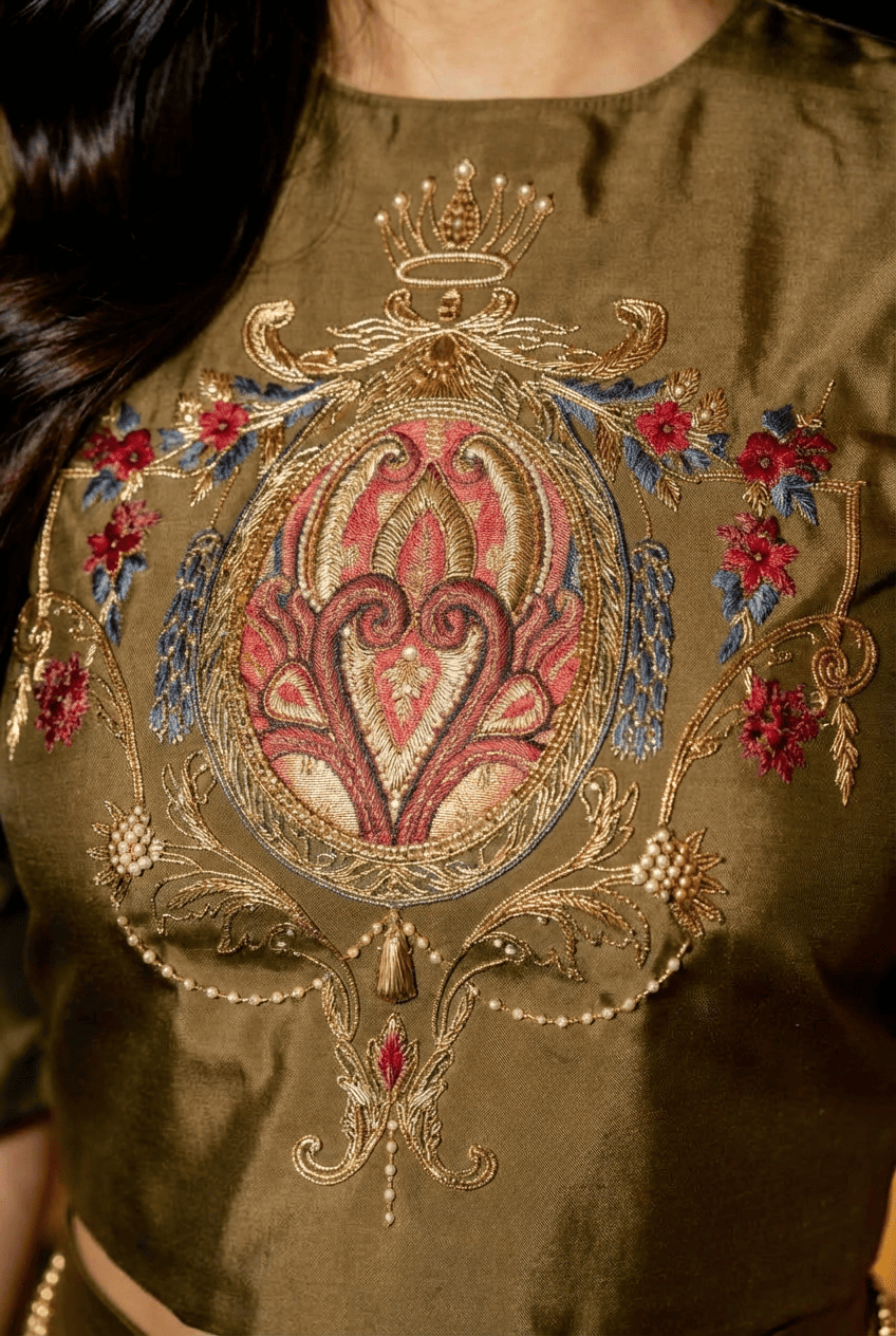 Antique Gold Taffeta Emblem Skirt Top Co-ord Set
