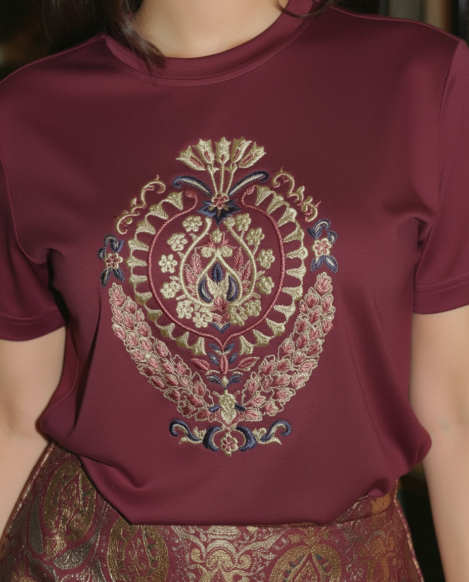 Maroon Embroidered Meher Designer T-Shirt
