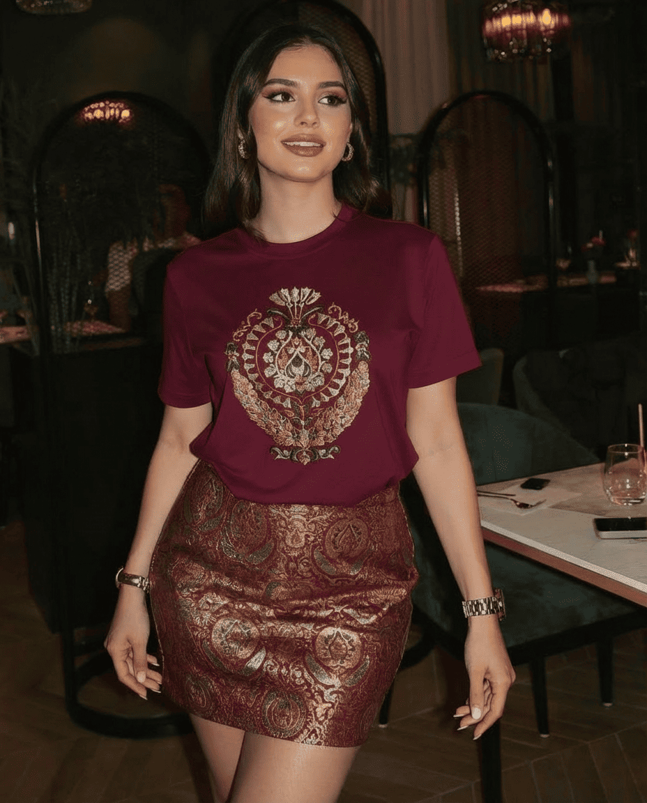 Maroon Meher T-Shirt With Rajkumari Brocade Skirt Set