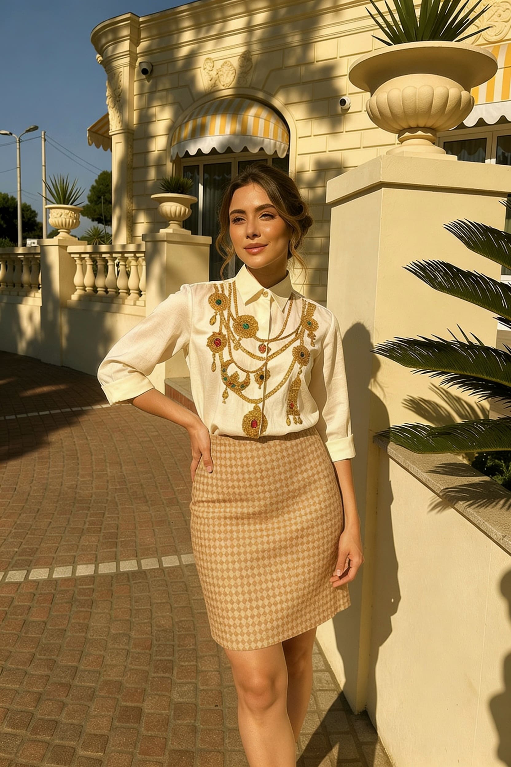 White Maharani Jewel Collar Shirt With Brocade Check Skirt Set