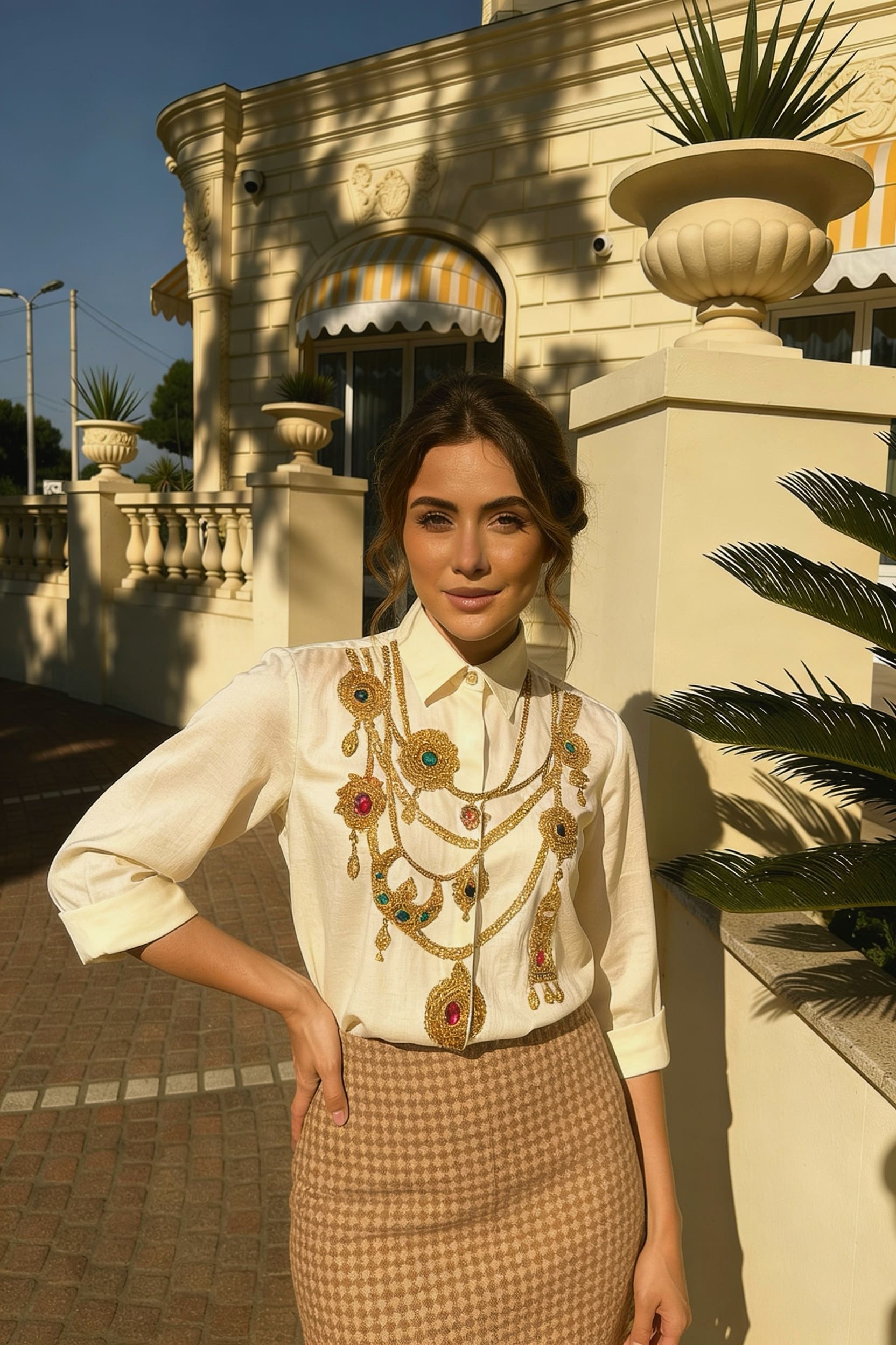 White Maharani Jewel Collar Shirt With Brocade Check Skirt Set