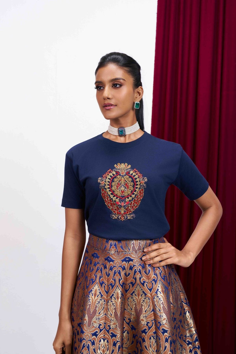 Navy Blue Embroidered Meher Designer T-Shirt