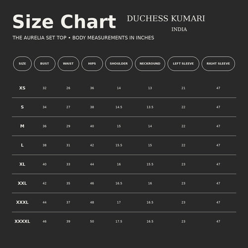 Embellished cape top Size Chart