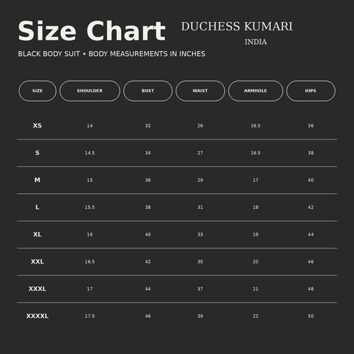 Hand-embroidered sleeveless bodysuit top  Size Chart