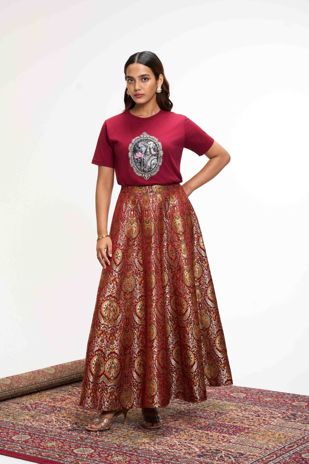 Red Rajkumari Brocade Royal Kinkhab Flared Skirt