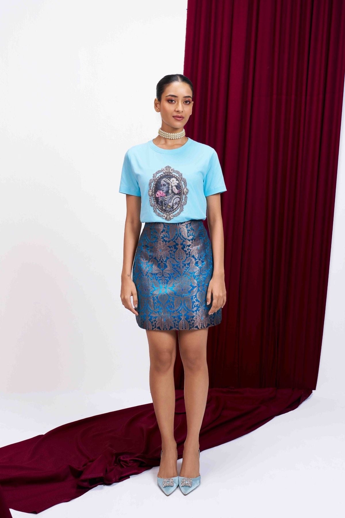 Azure Brocade Skirt Set