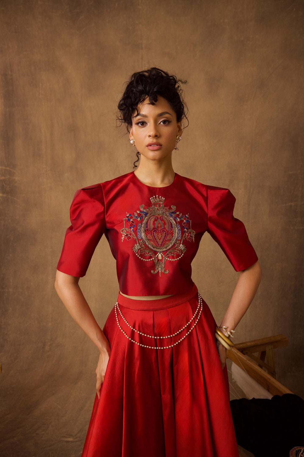 Red Taffeta Emblem Skirt Top Co-ord Set