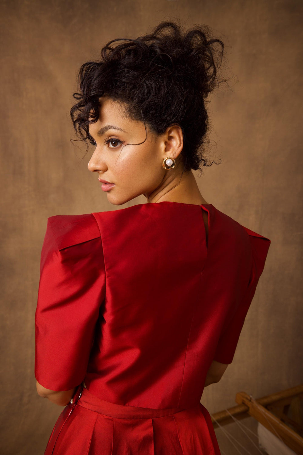 Red Taffeta Emblem Skirt Top Co-ord Set