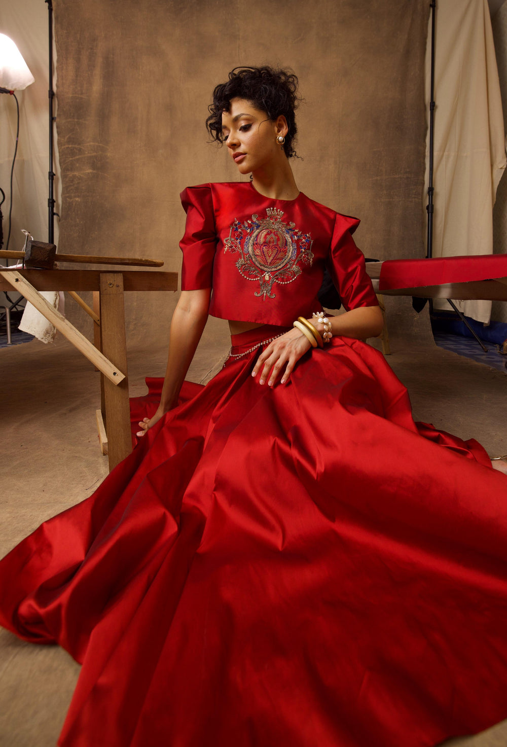 Red Taffeta Emblem Skirt Top Co-ord Set