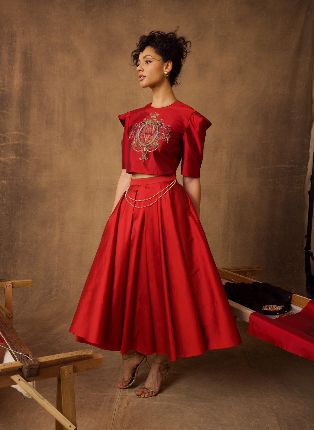 Red Taffeta Emblem Skirt Top Co-ord Set