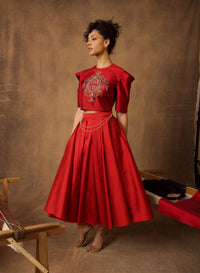 Red Taffeta Emblem Skirt Top Co-ord Set