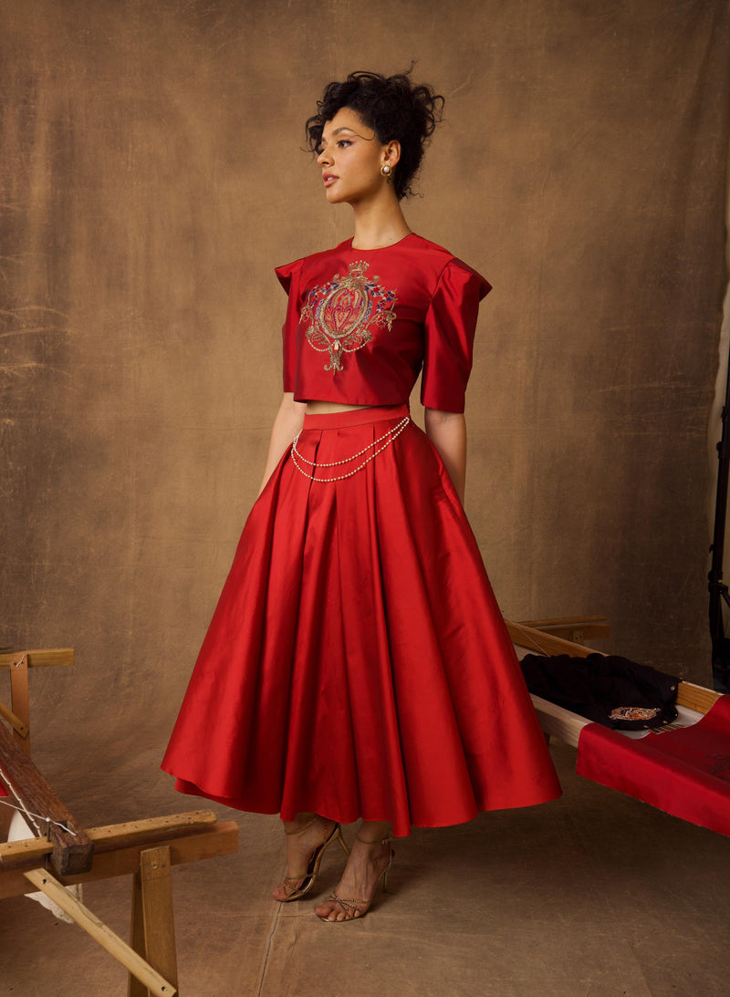 Red Taffeta Emblem Skirt Top Co-ord Set