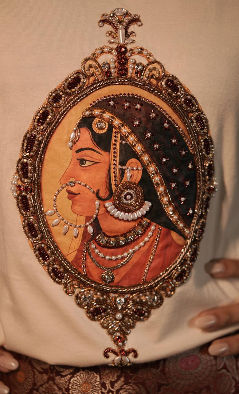 Embroidered Padmini Miniature Designer T-shirt - Cream