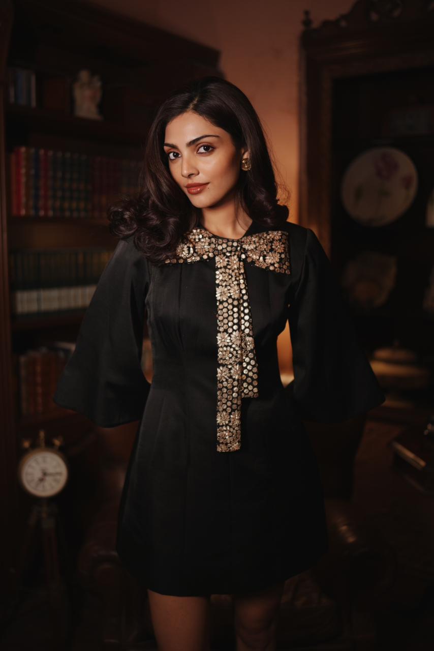 Elegant Black Mini Party Dress -Gilded Gota Bow - Duchess Kumari Elegant Black Mini Party Dress -Gilded Gota Bow - Duchess Kumari