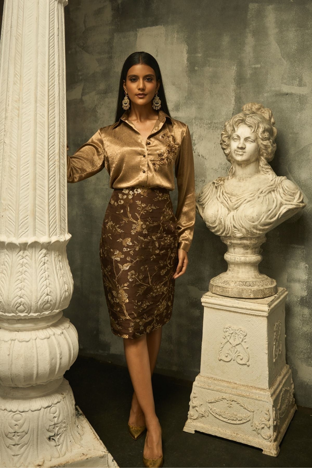 Baroque Bloom Skirt Set - Brown