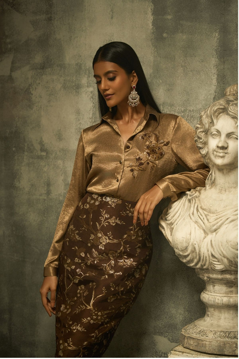 Baroque Bloom Skirt Set - Brown