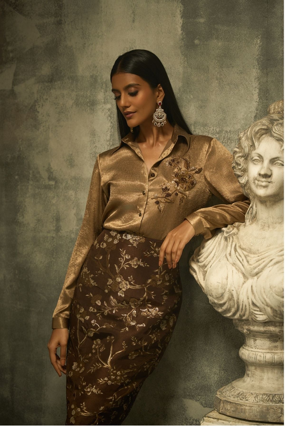 Baroque Bloom Skirt Set - Brown
