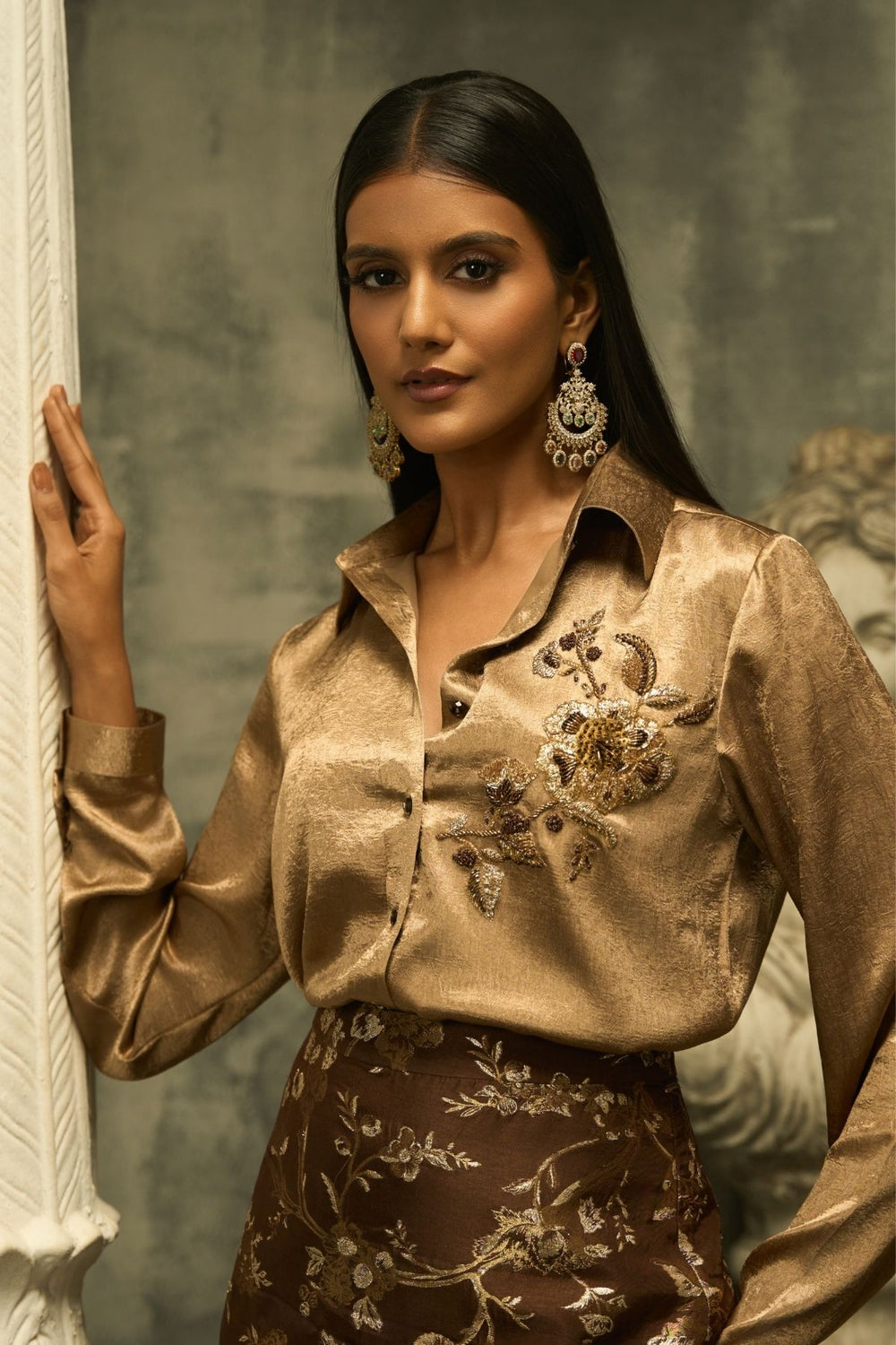 Baroque Bloom Skirt Set - Brown
