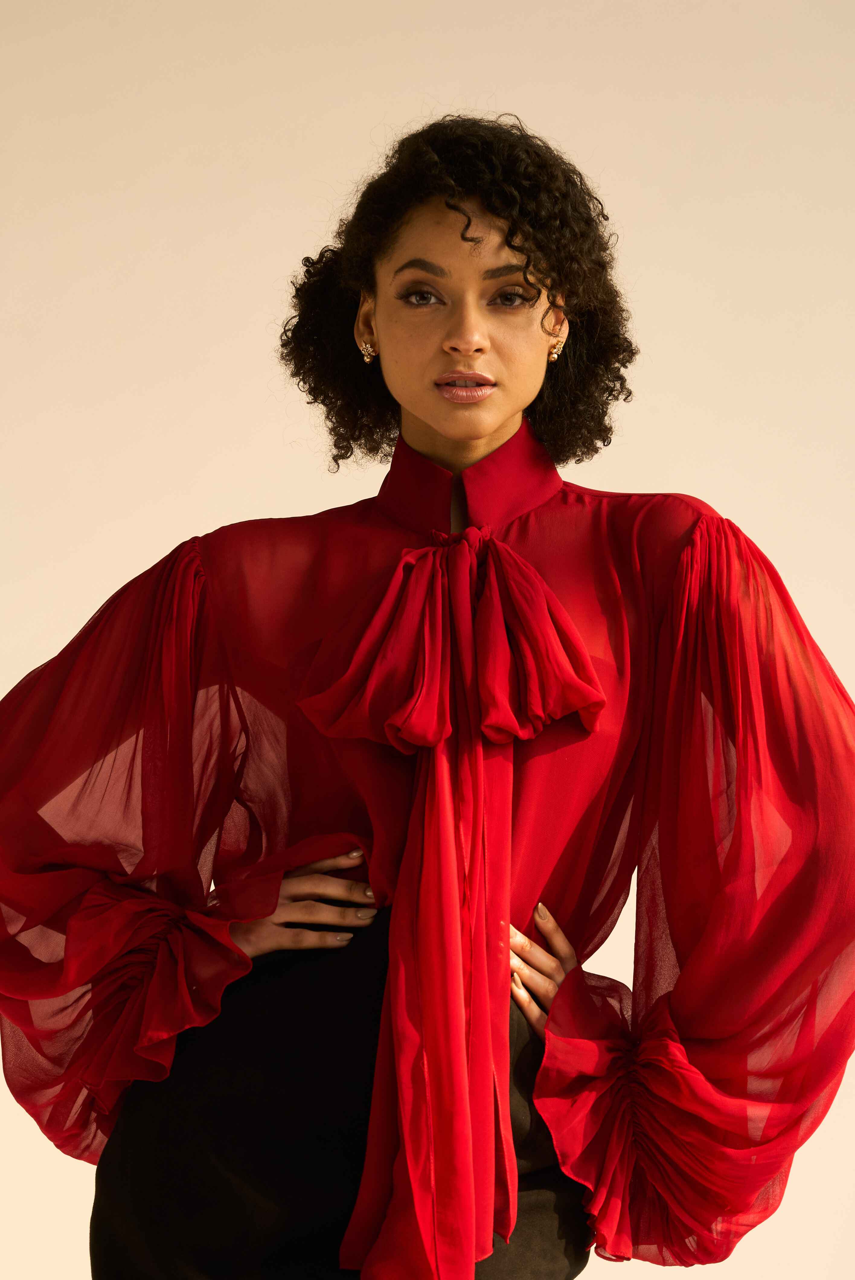 Monroe Ruby Red Sheer Chiffon Top With Bow And Bishop Sleeves